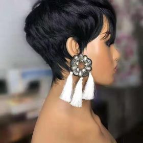 100% Human Hair Short Pixie Cut Wig; Silky Straight Pixie Cut Human Hair Wigs For Women Short Cut Wigs - 1B#